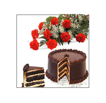 Carnations bouquet and half kilo chocolate cake